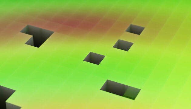 Abstract 3D grid pattern in vibrant green and yellow with shadowed square cutouts.