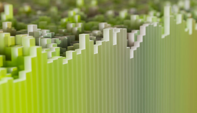 Abstract 3D render of green and white rectangular blocks forming a gradient landscape.
