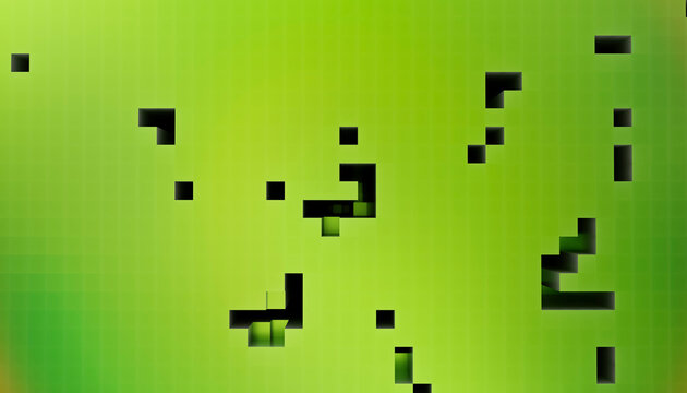 Abstract green digital art with black geometric pixel shapes scattered across the image.