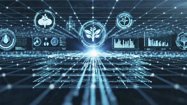 Futuristic Digital Interface With Plant Growth Data Analysis Displaying Abstract Agricultural Technology Progress Concept Visualization