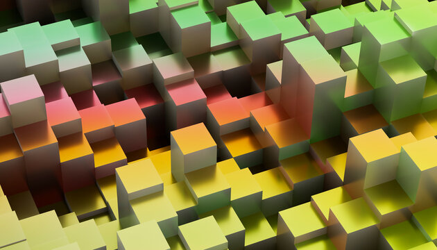 Colorful 3D geometric abstract background with interlocking cubes in vibrant tones. 