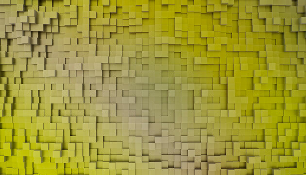 Abstract yellow 3D geometric pattern with raised squares in an undulating wave-like design.