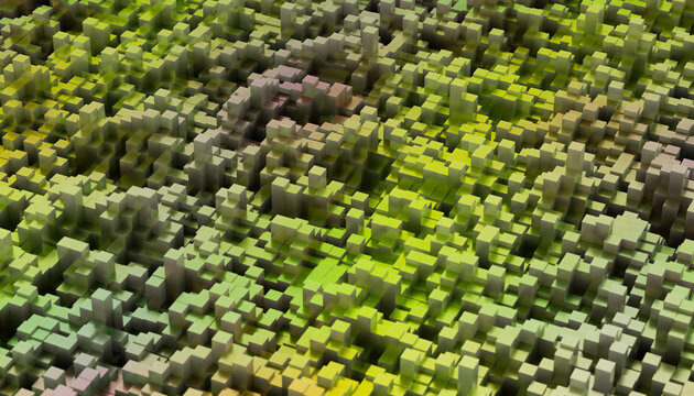 Abstract 3D art with green, yellow, and brown pixel-like blocks in a landscape pattern.