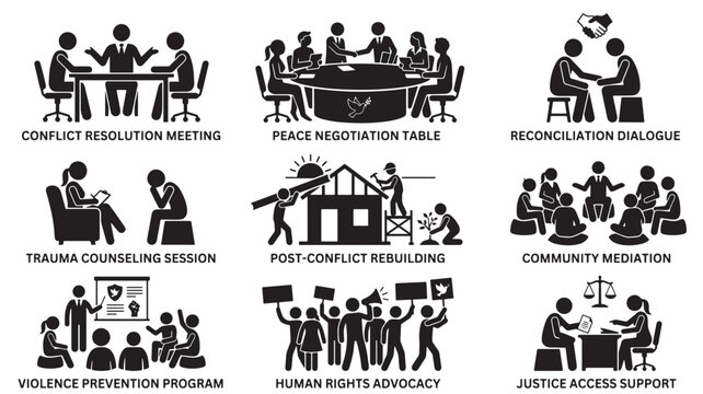 Conflict Resolution Meeting and Peace Negotiation Table with Reconciliation Dialogue and Other Social Issues Illustrations