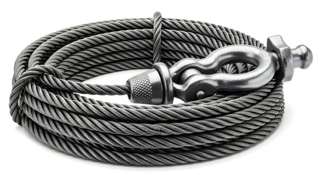 Stainless steel wire rope cable coiled with heavy duty metal shackle.