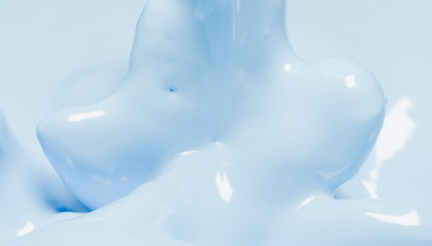 Close-up of blue-tinted liquid splashing with smooth, glossy texture and abstract shapes.