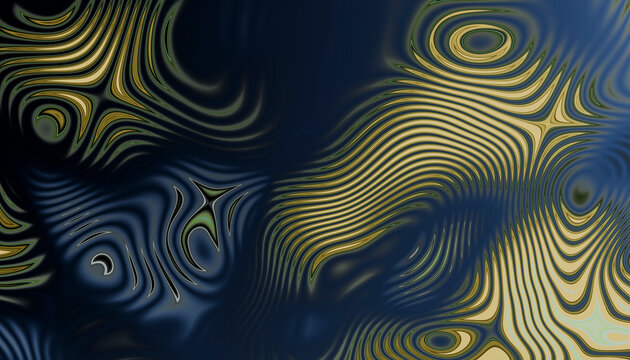 Abstract wavy lines in green and yellow on a dark blue background create a hypnotic pattern.