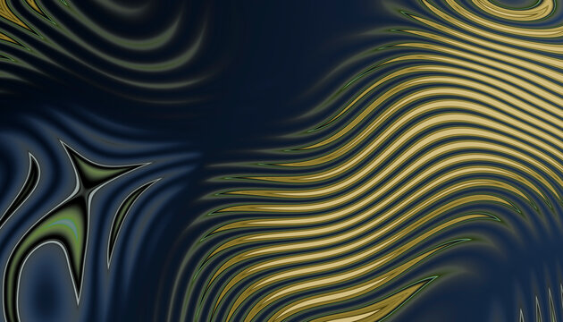 Abstract design with wavy gold and green lines on a dark blue background.