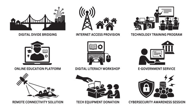 Technology Training Program Icons with Internet Access, Online Education, and Cybersecurity Awareness Illustrated in Black