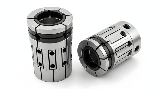 Two shiny metal collets for industrial tooling on white background.