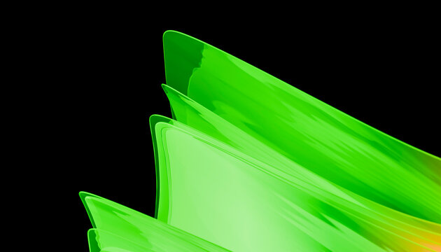 Abstract green wave-like structures on a black background creating a modern look.