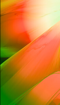 Abstract fluid shapes blending in vibrant green and orange with smooth gradients.