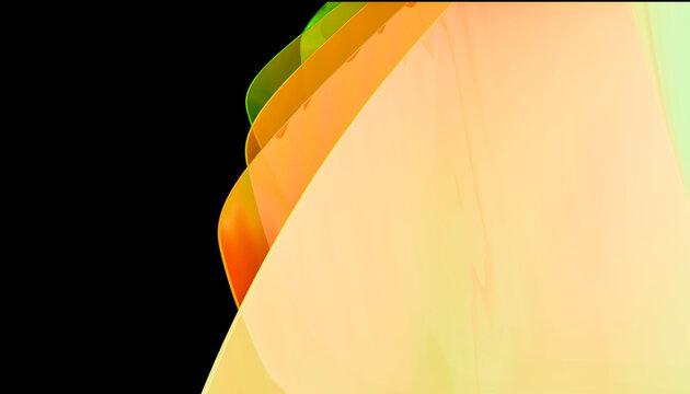 Abstract layered shapes with vibrant orange and green hues on a black background