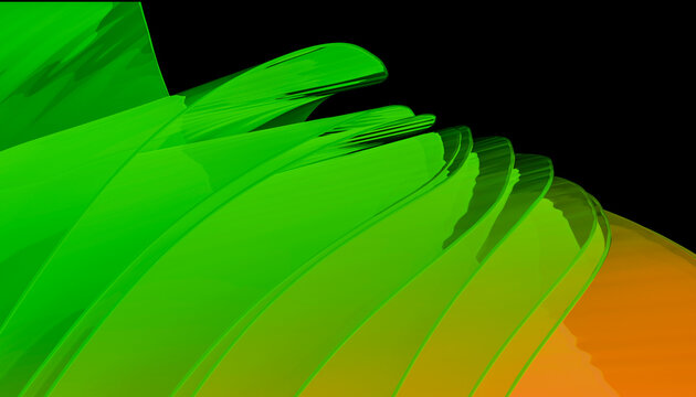 Abstract green and orange translucent layered waves on a black background.