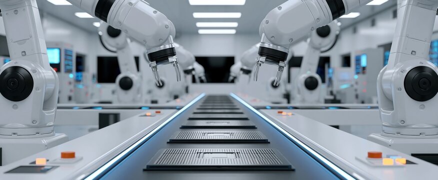 Futuristic factory with robotic arms assembling microchips in a clean, modern automated manufacturing environment.