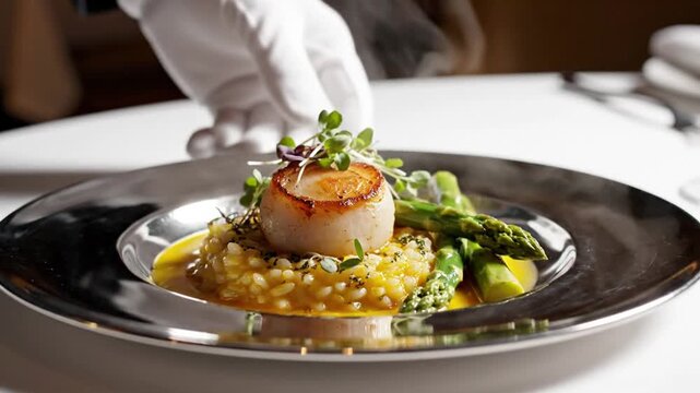Server in white gloves presents a gourmet plate featuring a seared scallop, saffron risotto, and fresh asparagus garnished with microgreens in a luxury restaurant setting.