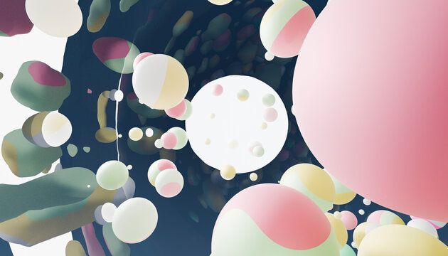Colorful abstract spheres of varying sizes with pastel shades of pink, yellow, and green.