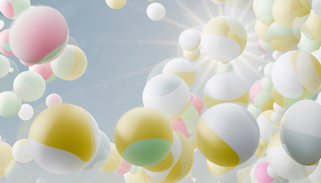 Colorful translucent spheres floating against a blue sky with sunlight peeking through.