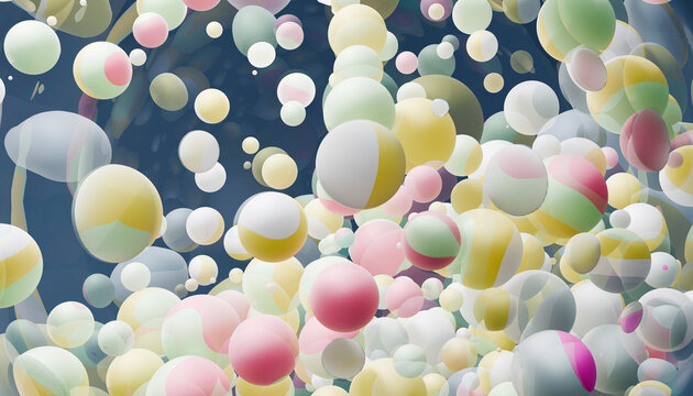 Colorful pastel bubbles floating against a dark background creating a fun, lively atmosphere.