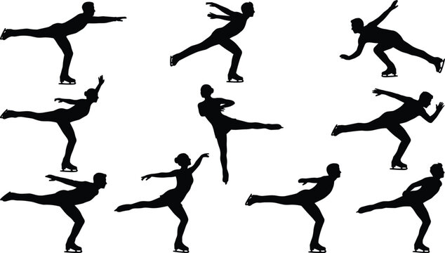 Figure skater silhouettes set with men and women ice skating in dynamic graceful professional poses
