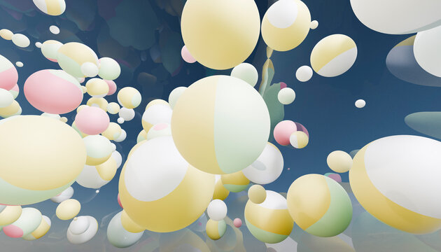 Colorful pastel balloons floating in a deep blue sky, creating a whimsical atmosphere.