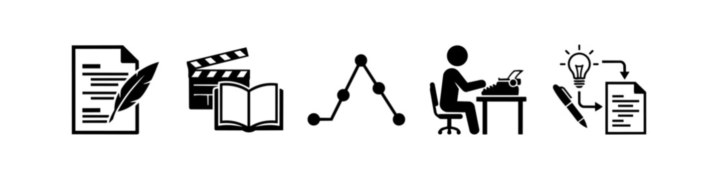 Black minimalist icons depicting the creative writing and storytelling process, including ideation, plot structure, and scriptwriting.