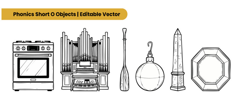 Phonics short o vector objects set featuring oven organ oar ornament obelisk and octagon illustrations for kids educational flashcards vocabulary learning alphabet worksheets and coloring activities.