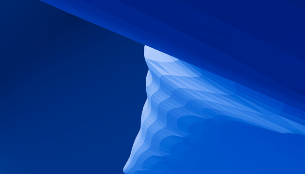 Abstract blue and white geometric shapes with gradients creating a dynamic pattern.