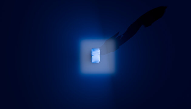 A solitary bed with a long shadow on a deep blue background, creating a dramatic focus.