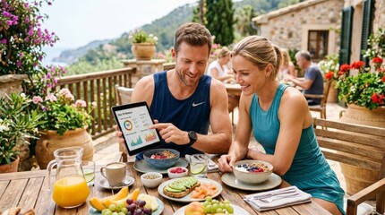 Obraz premium A man and woman enjoy an outdoor breakfast on a balcony, checking data on a digital tablet, accompanied by fresh fruit, avocado toast, and juice with a Mediterranean sea view