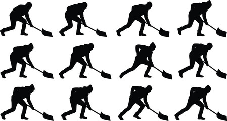 Man shoveling snow silhouettes set with male worker clearing path using shovel isolated on white background © MH STOCK