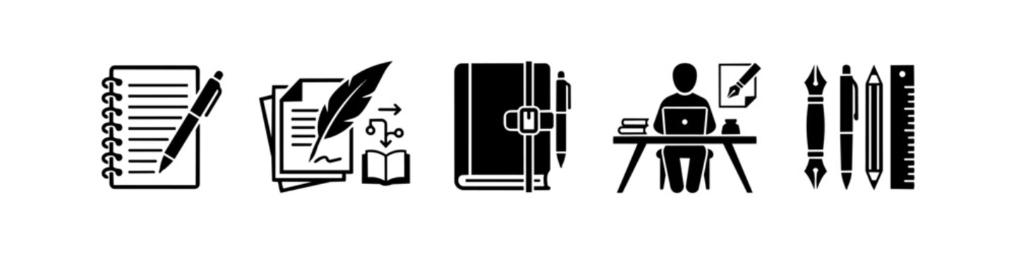 Writing and literature icon set featuring notebooks, pens, quills, a person at a desk, and stationery tools. Perfect for blogging, education, and professional authoring concepts.
