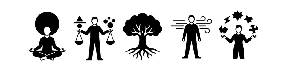 Minimalist black icon set for wellness, balance, nature, energy, and creativity concepts. © Nort Kor