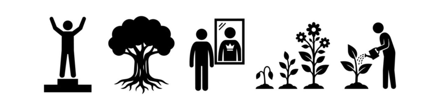 Collection of black vector icons representing personal growth, success, self-esteem, and nurturing development stages, featuring a tree, podium winner, and person watering plants.