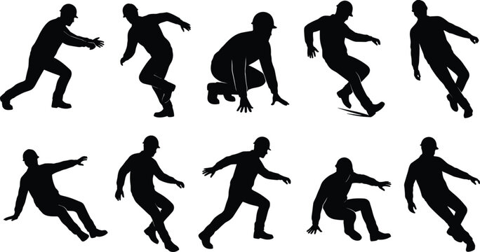 Construction worker silhouettes set slipping tripping and falling representing industrial workplace accident and safety concepts