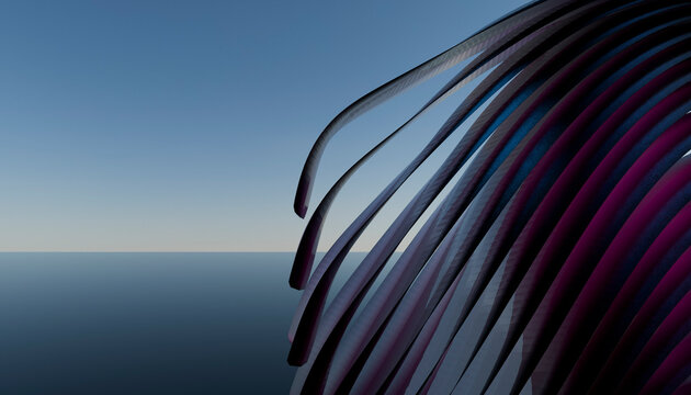 Abstract structure of curved metallic lines against a serene ocean horizon at dusk.