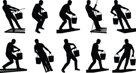 Construction worker silhouettes set with man carrying pulling and lifting water buckets on building platform © MH STOCK
