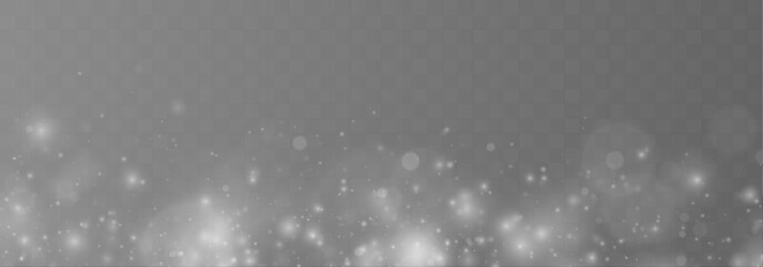 White glitter dust and sparkling bokeh lights overlay, festive Christmas magic particles background for greeting cards, posters and ad designs. © Extrastock