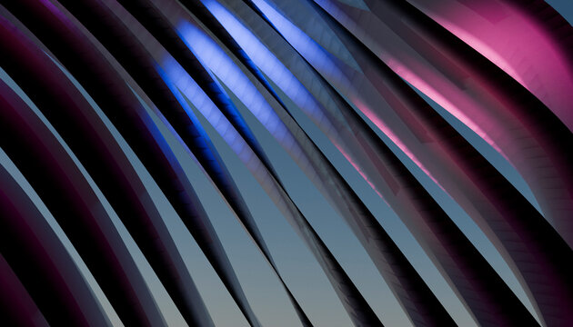 Abstract image of metallic curved ribbons with pink and blue lighting against a gray background.