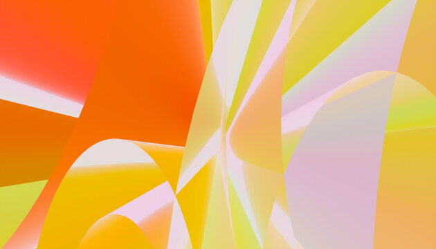 Abstract multicolored flowing shapes in shades of orange, yellow, and pink with dynamic curves.