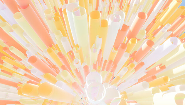 Abstract image of colorful cylindrical tubes in warm pastel hues radiating outward.