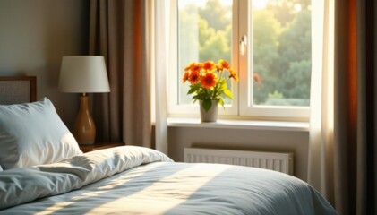 Fototapeta premium Sunlight streams through window, illuminating vibrant flowers on bedside table, element, bedside