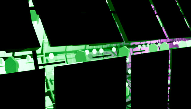 Abstract geometric pattern with vibrant green and purple light effects forming square shapes.