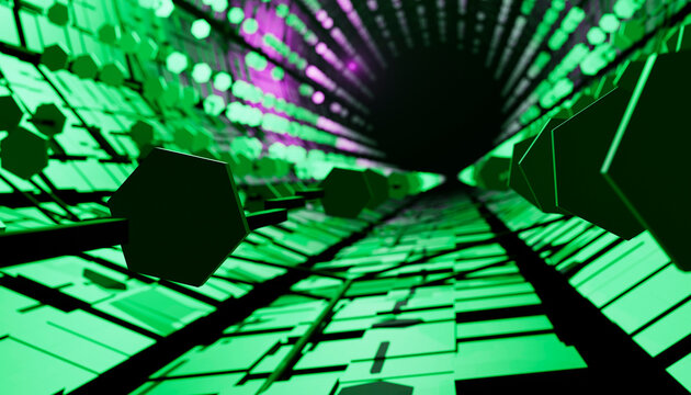 Futuristic green hexagonal tunnel with dynamic lighting and geometric shapes.