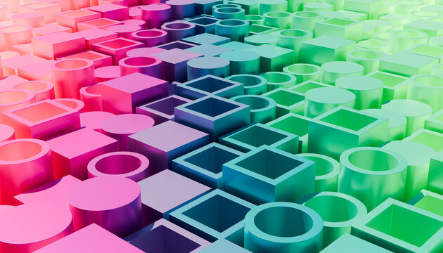 Colorful abstract geometric shapes in a gradient pattern from pink to green.