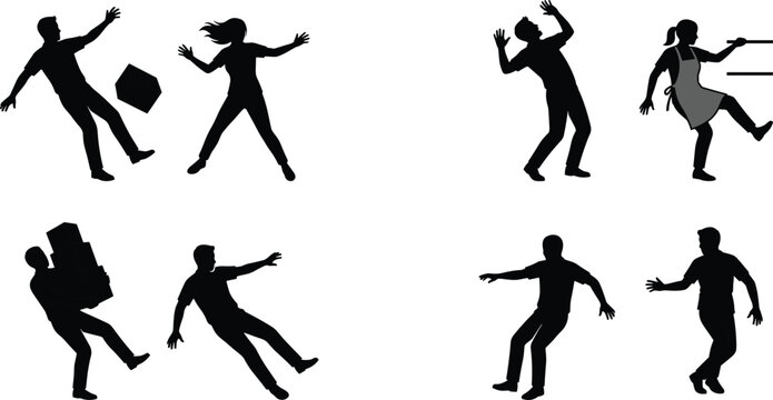 People slipping and falling silhouettes set representing workplace hazards home accidents and losing balance concepts