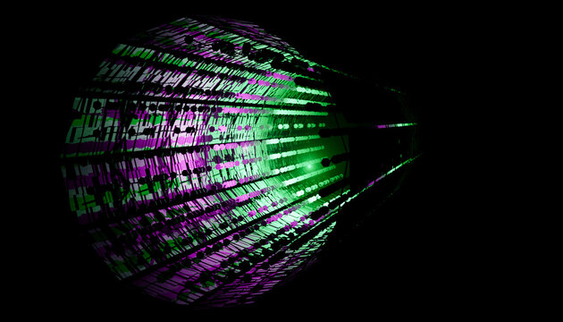 Abstract tunnel of green and purple lights extending into darkness. 