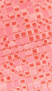 Abstract geometric pattern with pink 3D circles and squares creating a textured surface.