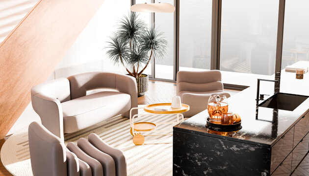 Modern living room with sleek furniture and large windows, featuring a minimalist design.