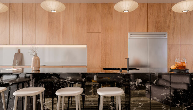 Modern kitchen with wooden cabinetry, sleek black marble island, and stylish bar stools.